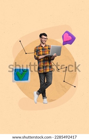 Vertical collage image of positive guy use netbook receive like notification check mark icon isolated on drawing beige background