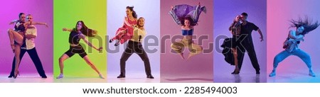 Set of images of young people dancing different dance styles, ballroom, hip-hop and contemporary dance against multicolored background in neon light. Concept of art, fashion, retro and modern style Royalty-Free Stock Photo #2285494003