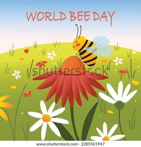 World Bee Day cute cartoon bee. bee collecting pollen on flower. vector illustration.