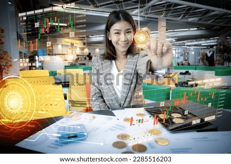 Beautiful asian business woman holding golden coin with a confident and determined expression a sign of her expertise in finance, Business growth chart Background, Grapt Graphic, HUD.