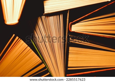 Almost open books with soft warm light top view of lecture, frames,
