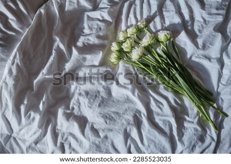 Bouquet of white peonies tulips on the bed. Beautiful spring fresh flowers. Floral romantic mood. A good gift for a woman. Spring flowering, bouquet of tulips. Floral card or wallpaper