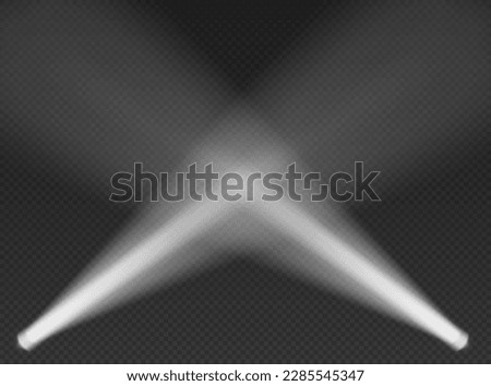 Two white searchlights in the air. Cone lights from bottom with darkened edges. Volumetric spotlight effect on dark background. Empty studio or concert scene. 3d rendering. Royalty-Free Stock Photo #2285545347