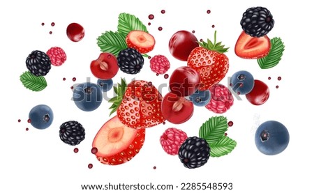 Mix berries fruit falling of Tropical fruits isolated on white background. Vector in 3D illustrations. Royalty-Free Stock Photo #2285548593
