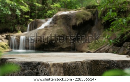 Wood table top podium floor in outdoor waterfall green tropical forest nature background.Natural water product present placement pedestal counter display, spring summer jungle paradise concept. Royalty-Free Stock Photo #2285565147