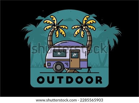 Illustration design of a teardrop camper and coconut tree