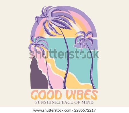 Long beach, summer vibes hand draw, summer slogan with beach illustration, Hawaii, Aloha surf typograph. Summer good vibes palm tree vector print artwork, Girls, men,  summer beach vector graphics. Royalty-Free Stock Photo #2285572217