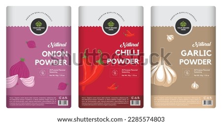 Onion powder Chilli powder Garlic powder labels design, spice label collection box design, spice seasoning label template vector. Abstract vector packaging design layout set with realistic shadow Royalty-Free Stock Photo #2285574803