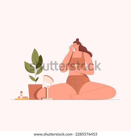 Woman during everyday hygiene routine. Female applying natural face cream during daily skin, face. Self care. Flat graphic vector illustration Royalty-Free Stock Photo #2285576453