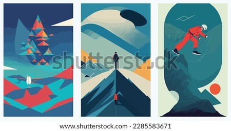 Man With Backpack Traveller Or Explorer Standing On Top Of Mountain Or Cliff. Discovery Exploration Hiking Adventure Tourism And Travel set collection of abstract vector illustration