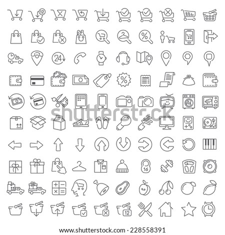 Bundle #002 Vector clean icons set for internet store applications and web interface. Made in flat graphic style. Nice details and easily identifiable. Ideal for clean design. Useful for infographics. Royalty-Free Stock Photo #228558391