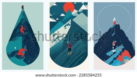 Man With Backpack Traveller Or Explorer Standing On Top Of Mountain Or Cliff. Discovery Exploration Hiking Adventure Tourism And Travel set collection of abstract vector illustration