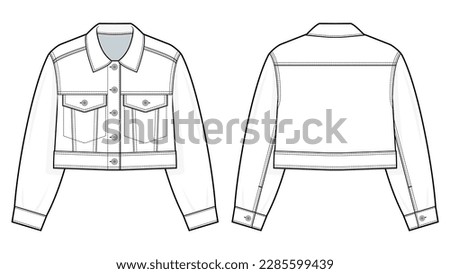 Cropped Denim jacket fashion technical drawing template. Denim jacket technical fashion Illustration, front, and back view, white, CAD mockup set. Royalty-Free Stock Photo #2285599439