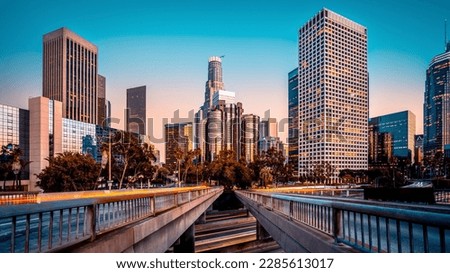 the skyline of los angeles during rush hour