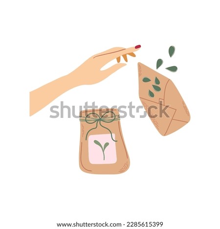 Human hand and seeds in paper bags. Spring seedling. Home gardening and plant care concept. Gardening hobby. Hand drawn vector illustration.