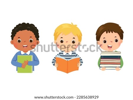 Set of vector illustration cartoon of little boys with books. Book lover concept