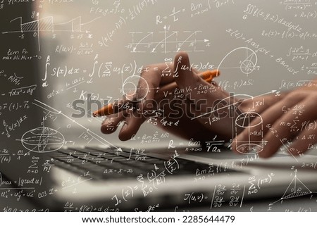 Student or teacher with mathematical and scientific formulas. Concepts of education. Symbols and equations on a virtual interface. Double exposure Royalty-Free Stock Photo #2285644479