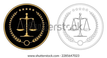 Luxury gold logo. Court, justice, scales, laurel wreath. Judicial icon in vector. Scales of justice.  The symbol of the balance of the law. Scales in a flat design. Gold balance Royalty-Free Stock Photo #2285647023