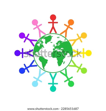 World Children's Protection Day symbol of multicolored kid shapes around the globe on white. Universal diversity sign with rainbow colors. Vector icon for international child care illustration.