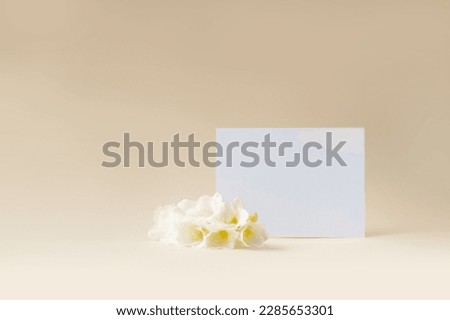 white sheet of paper with white flowers on a beige background wish space for text.