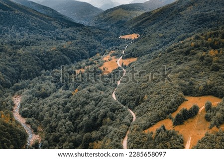 Experience the breathtaking beauty of the Carpathian Mountains with this tranquil aerial view captured on a sunny summer day. The rugged wilderness and old roads of the epic landscape are revealed 