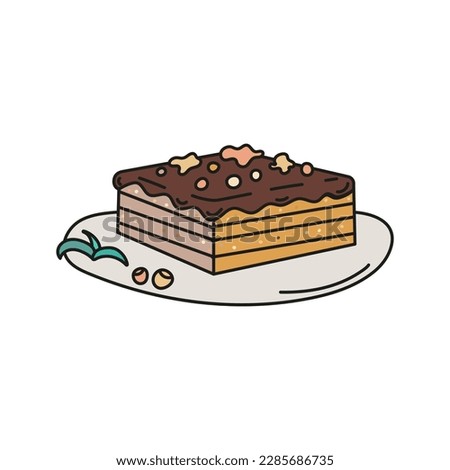 Isolated chocolate waffle cake. Doodle Vector illustration. Concept sweets shop, cafe, sweet snack. Hand drawn illustration for sticker pack, cover, postcards, print, social media, icon, scrapbooking.