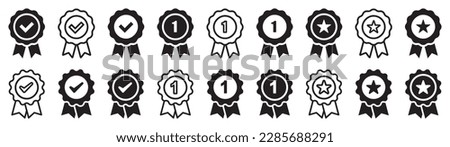 Set of approved or certified medal icons. Approval check signs, verified, quality symbol. Certified, qualified, the best, check mark and number one. Vector. Royalty-Free Stock Photo #2285688291
