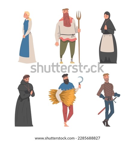 Medieval People Characters with Peasant with Hay and Pitchfork, Soldier and Priest Vector Set Royalty-Free Stock Photo #2285688827