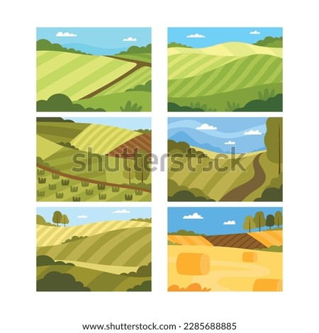 Country View with Sown Field and Pasture Land as Green Landscape Vector Set