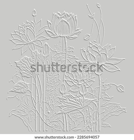 Tropical exotic flowers. Beautiful lines flowers. Textured 3d emboss white pattern background. Grunge backdrop. Line art lotus flowers, leaves. Relief hand drawn surface tropical ornaments. Element. Royalty-Free Stock Photo #2285694057