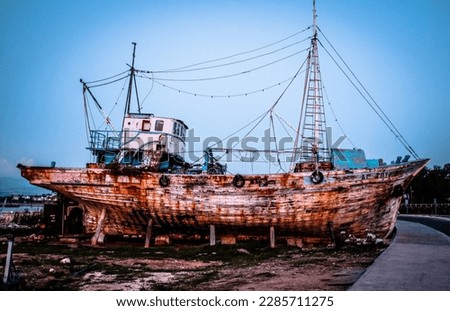 An old abandoned wooden mediterranean ship 