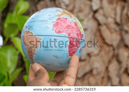 hand holding a terrestrial globe with wooden texture background