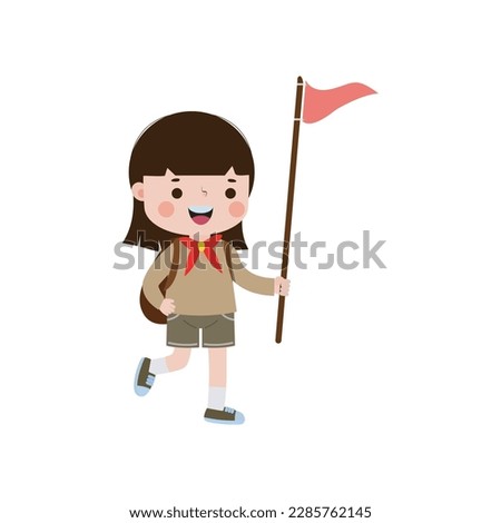 cute little boy scout with backpack and flag , Happy kid girl scout honor uniform summer camp cartoon flat character isolated vector illustration on white background