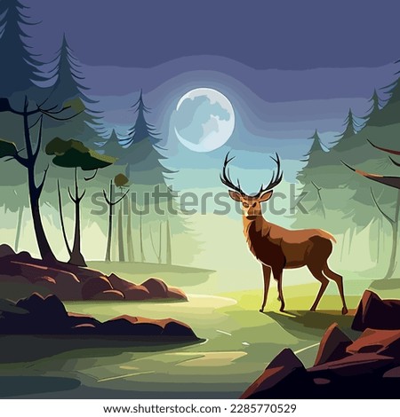 Natural background with forest silhouette with deer. mountain landscape with forest, deer. canvas art.