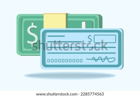 Bank check and paper money. Isolated on white background. 3D cheque design and dollar bills. Business, finance, and payment method concept. Royalty-Free Stock Photo #2285774563