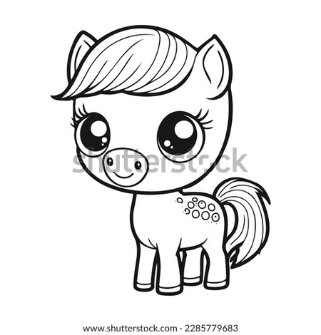 Cute cartoon horse or foal . Baby animal in line drawing. Vector illustration on isolated background. For printable children's and adults coloring page or book, kids toddler activity.