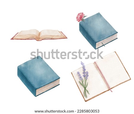 Open book with flower lavender. Hand drawn literature for reading and study. Watercolor illustrations set isolated on white.