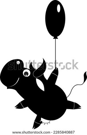 Cute cow holding an air balloon. 
Smiling cow walking with an air balloon. Black and white
