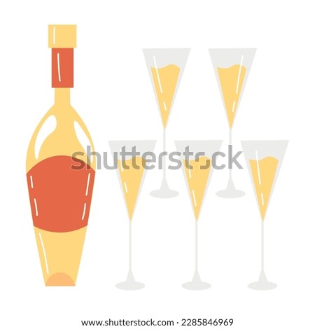 Bottle and glasses of champagne on white background