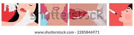 Set of beautiful young women receiving filler injection in lips