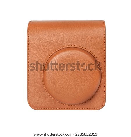 Leather brown case for instant camera isolated on white background, front view. 