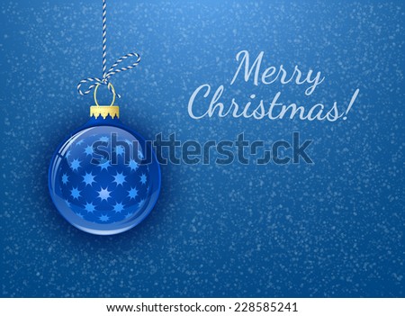 Merry Christmas. Christmas card. Christmas bauble on blue background with snowflakes