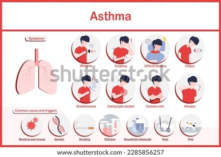 Vector illustrations infographic,symptoms of asthma.fatigue,wheezing,coughing,chest pain,common cold,breathlessness and difficult sleeping and the most common causes of asthma.flat style. Royalty-Free Stock Photo #2285856257