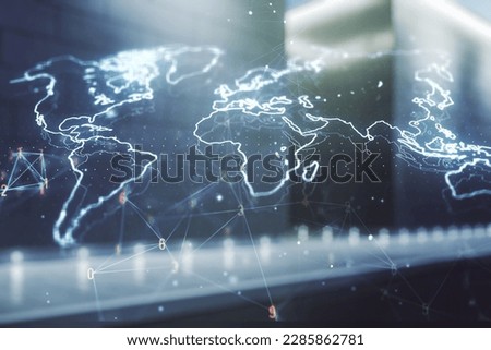 Double exposure of abstract digital world map hologram on contemporary business center exterior background, big data and blockchain concept