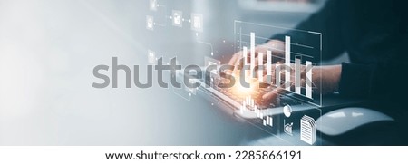 Working Data Analytics and Data Management Systems and Metrics connected to corporate strategy database for Finance, Intelligence,  Business Analytics with Key Performance Indicators, social network   Royalty-Free Stock Photo #2285866191