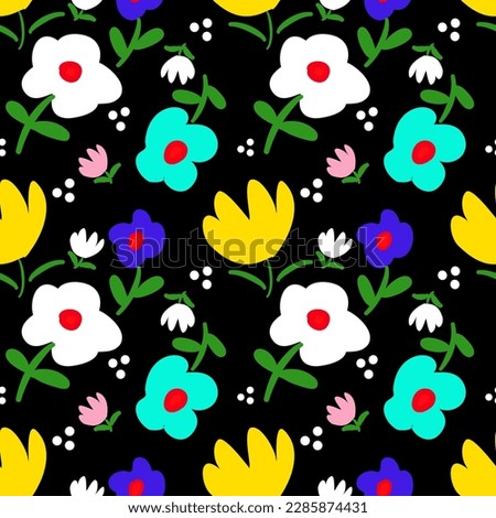 Folk floral seamless pattern on black background.