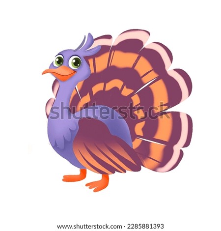 cute and friendly cartoon smiling peacock for children's book, alphabet, website, sticker set