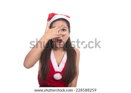 Portrait of beautiful Asian girl(Asian woman) wearing Santa Claus clothes,Santa girl,Christmas girl,x-mas,winter,happiness concept,Surprised happy young woman,emotion s,isolated on white background