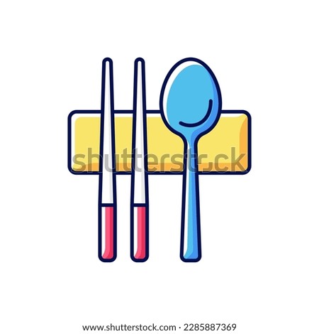 Sujeo RGB color icon. Metal chopsticks. Spoon for eating. Oriental tableware. Eastern cutlery. Asian cuisine. Korean culture. Traditional symbols of Korea. Isolated vector illustration