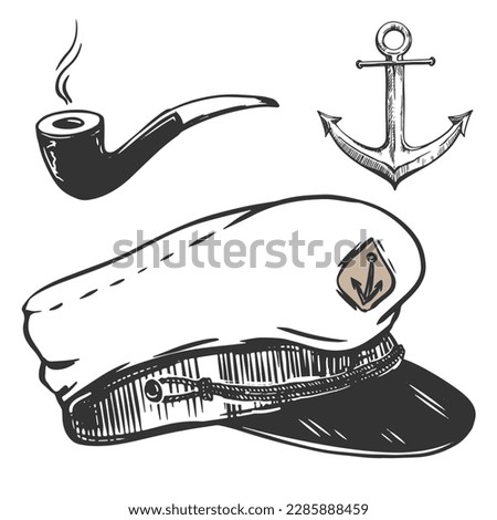 Nautical elements set. Vector captain's cap, smoking pipe, metal anchor. Monochrome illustration in engraving style. Package design elements, sea restaurant menu. Royalty-Free Stock Photo #2285888459